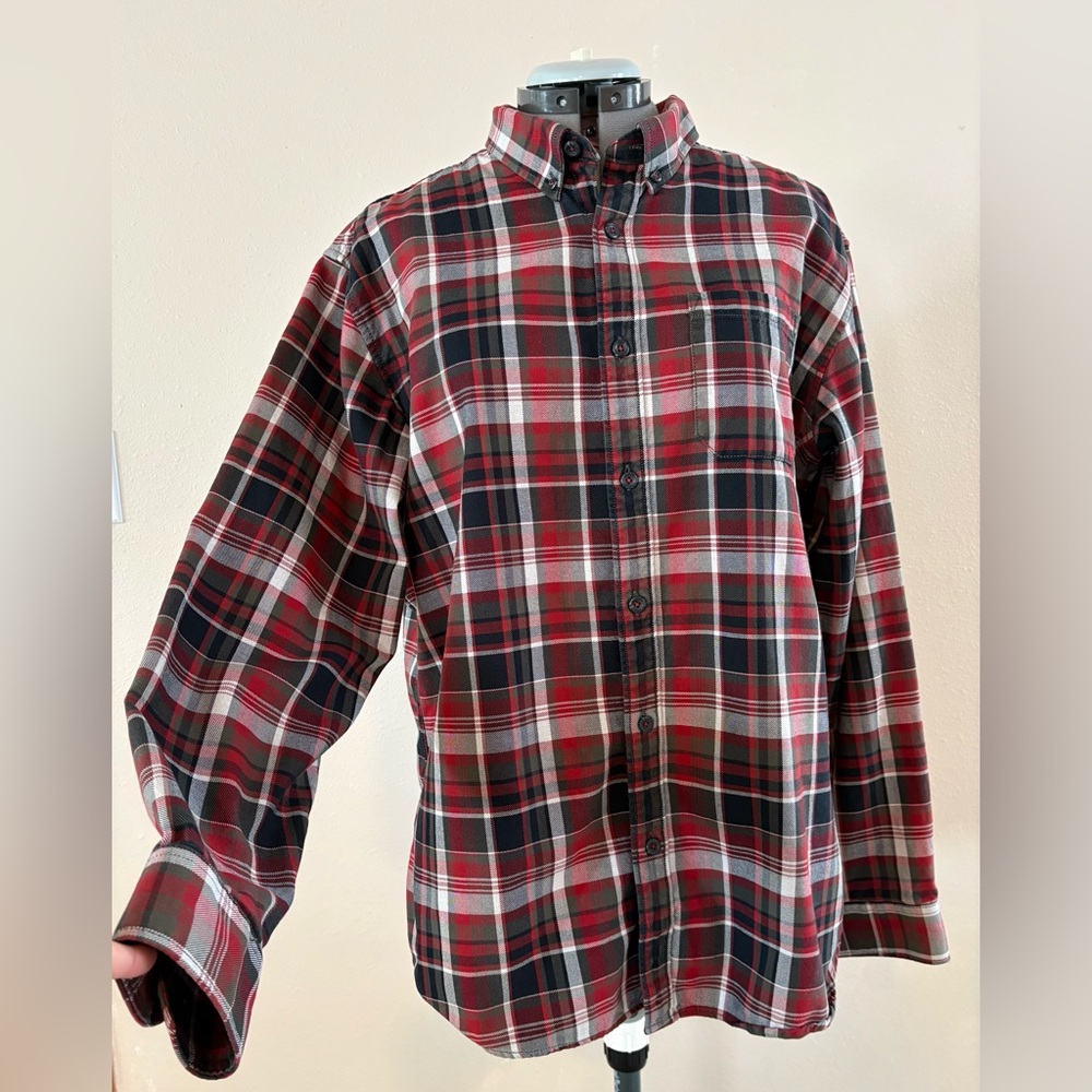 Eddie Bauer Men's Red and Black Plaid Button Down Shirt